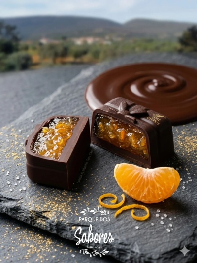 Bombons de chocolate com recheio de fruta cítrica em placa de ardósia com tangerina e raspas.