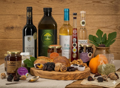 Produtos gourmet variados dispostos sobre mesa de madeira com fundo de madeira.