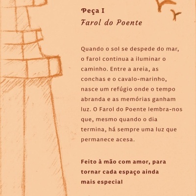 Texto em português com desenho de um farol e pássaros ao fundo