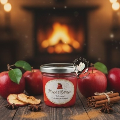 Vela em frasco de vidro com etiqueta Maçã e Canela rodeada de maçãs e especiarias numa mesa de madeira