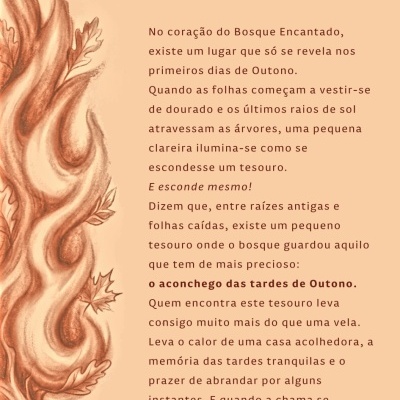 Texto em português Tesouro do Bosque com ilustração de tronco de árvore e folhas em fundo bege.