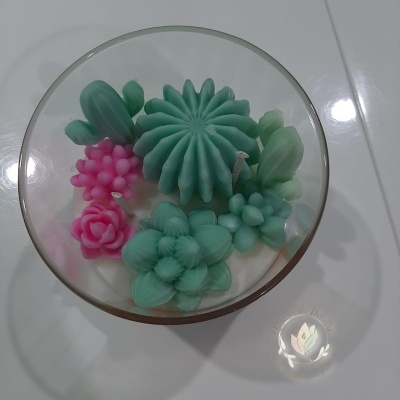 Velas decorativas em forma de cactos e suculentas em recipiente de vidro