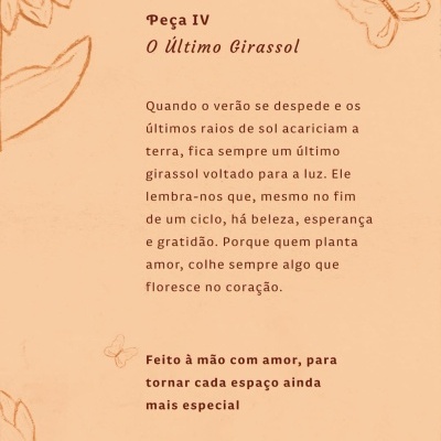 Texto em português sobre o girassol, com ilustrações de girassóis e borboletas em fundo bege