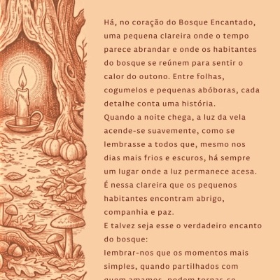 Ilustração sépia de um tronco oco com vela, cogumelos, folhas e abóboras com texto em português ao lado