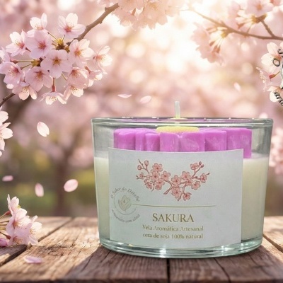 Vela aromática em vidro com flores de cerejeira ao fundo