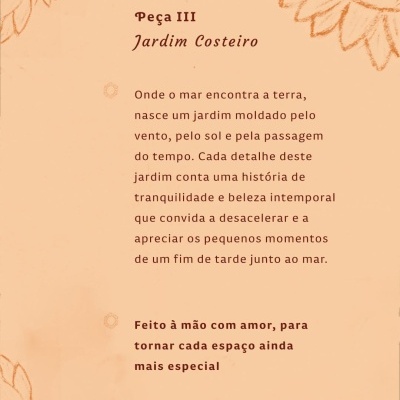 Texto sobre Peça III Jardim Costeiro com desenhos de flores no fundo cor de pêssego.