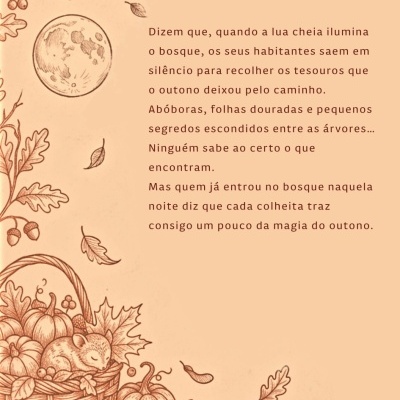 Ilustração de cesta com abóboras e rato, texto em português sobre colheita de outono