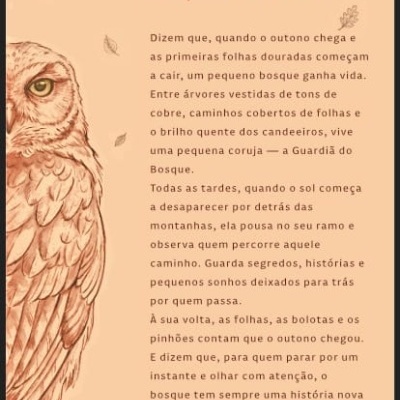 Ilustração de coruja em tons cobre com texto em português sobre a Guardiã do Bosque Encantado