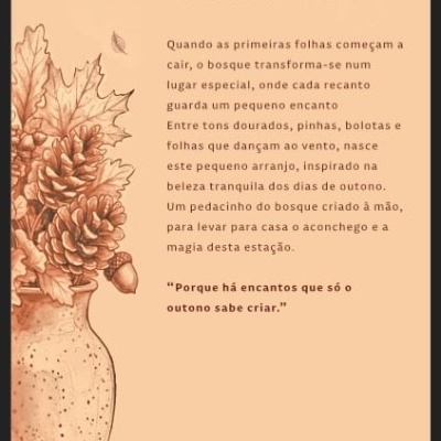 Texto e desenho de vaso com pinhas e folhas secas em tom bege e dourado num fundo bege claro.