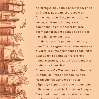 Texto Os Marcadores do Bosque com ilustração de livros antigos e folhas secas.