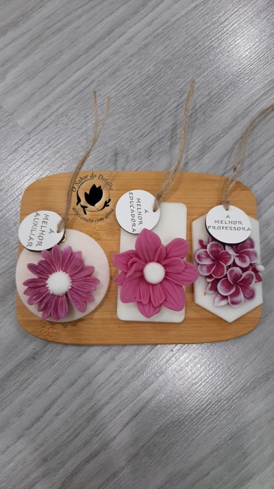 Três placas decorativas com flores rosa e etiquetas com texto em português sobre chão cinza.