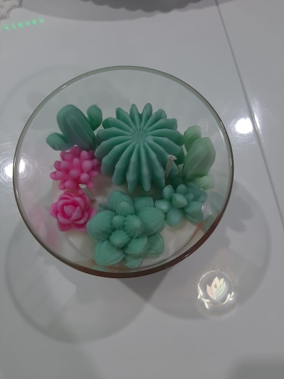 Velas decorativas em forma de cactos e suculentas em recipiente de vidro