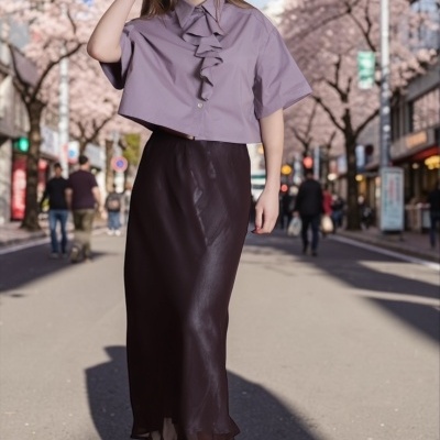 Mulher com camisa lilás e saia preta em rua florida