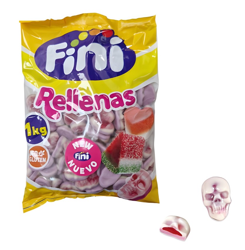 Fini Rellenas Caveiras Recheadas – Saco 1 kg Pacote de gomas Fini Rellenas em forma de caveira cor-de-rosa