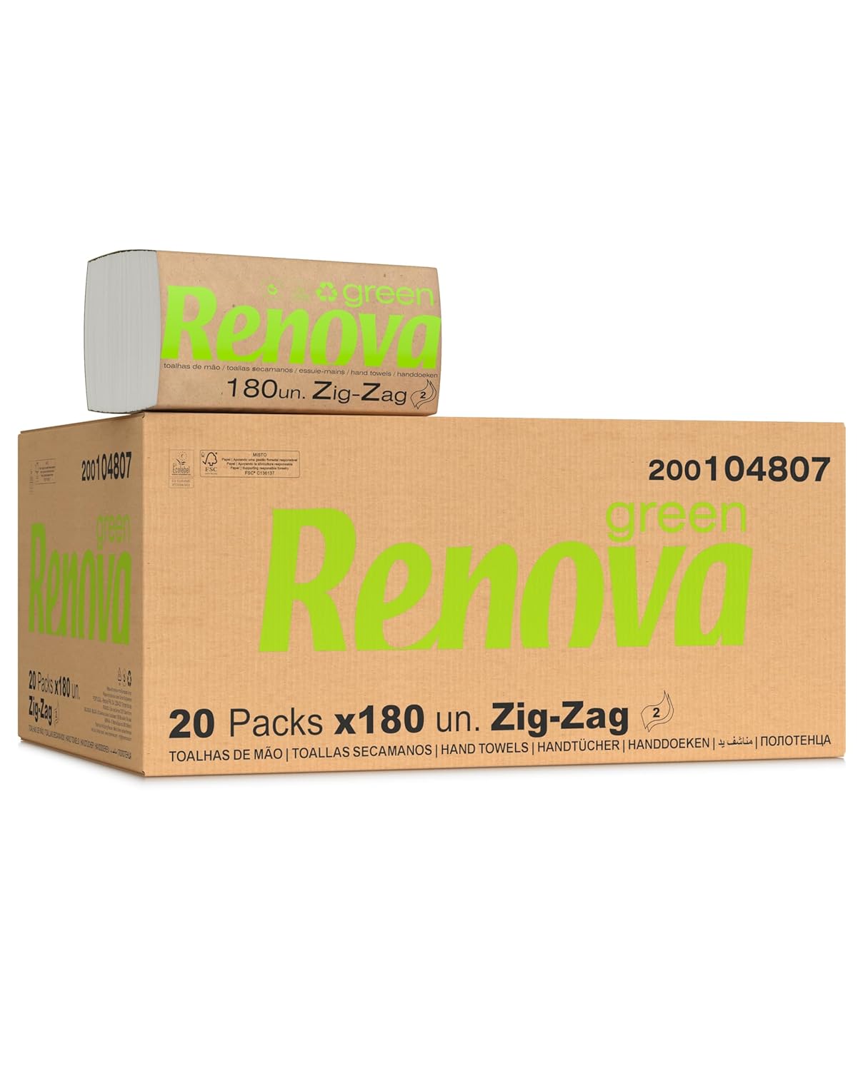 Papel Toalhas de Mãos Zig Zag Renova Green - 3600 Toalhas Caixa castanha com pacotes de toalhas de mão Renova Green Zig-Zag