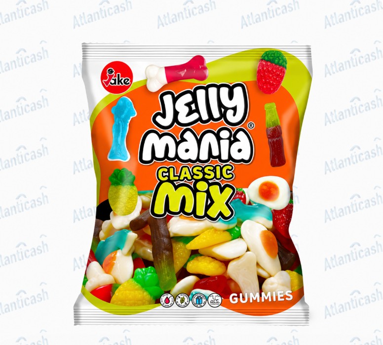Jake - Gomas Jelly Mania Classic mix 1 Kg Embalagem de gelatinas Jelly Mania Classic Mix com gomas coloridas em vários formatos