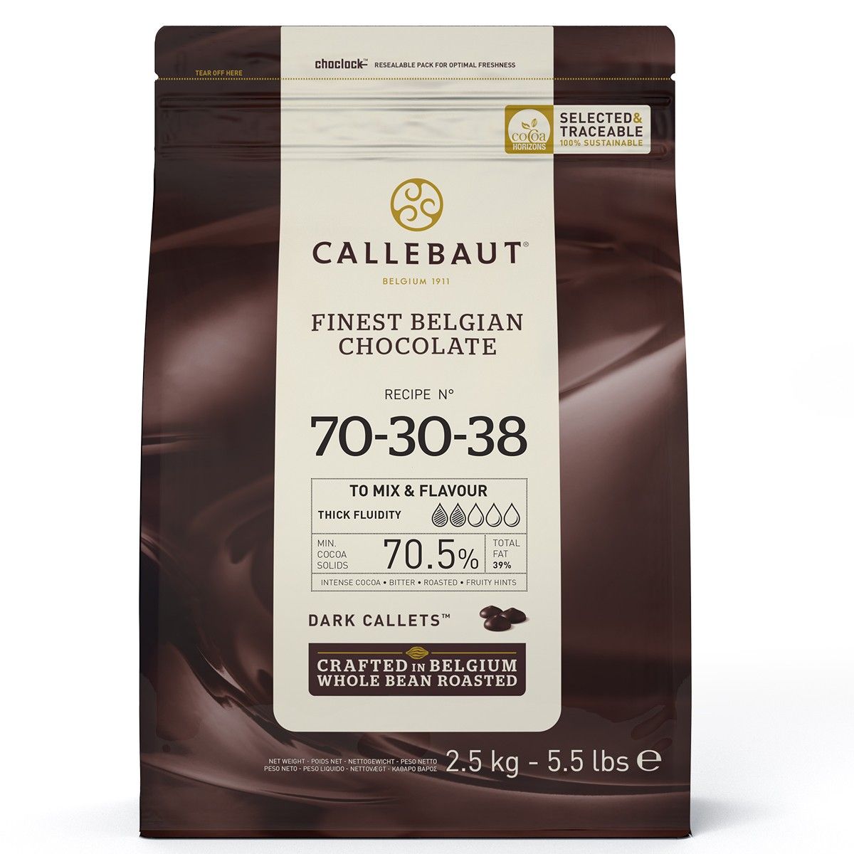 CALLETS DE CHOCOLATE CALLEBAUT - EXTRA ESCURO (70,5%) - 2,5 KG Pacote de chocolate Callebaut com informação de receita 70-30-38 e 70,5% de sólidos de cacau