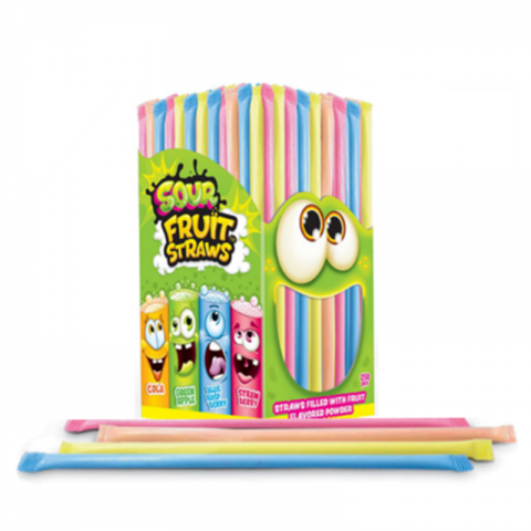 Pacote colorido de canudos de fruta ácida com rótulo verde e personagens animados