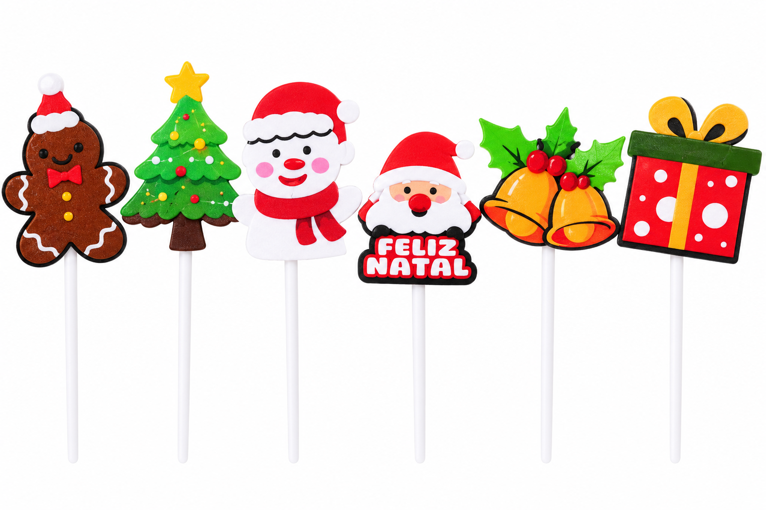 Topper de Natal conj. 6 pçs. Toppers de decoração de Natal com figuras coloridas e texto FELIZ NATAL
