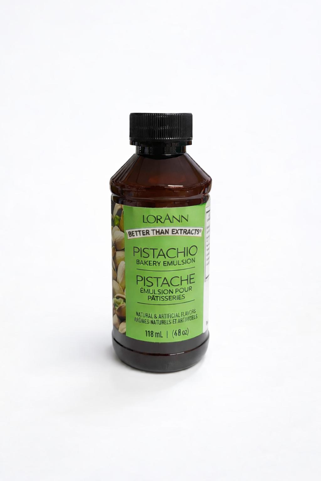 Emulsão de Pistácio LorAnn – 118 ml Frasco de emulsão de pistáchio da marca LORANN com etiqueta verde.