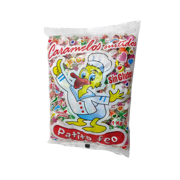 Rebuçados de Fruta C/1KG Pacote de caramelos surtidos Patito Feo com personagem de pato cozinheiro e indicação Sin Gluten