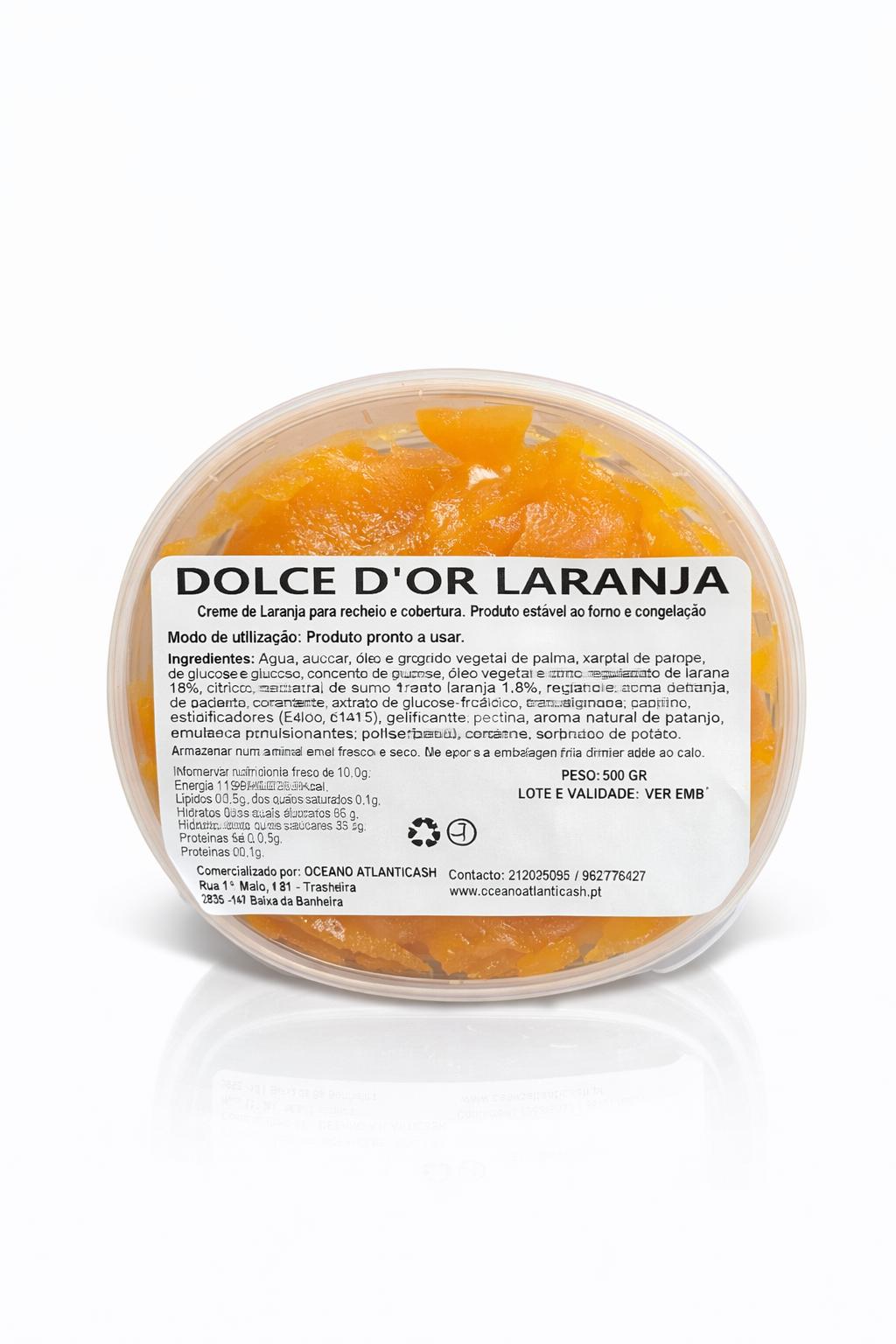 Dolce d’Or Laranja – 500 gr Embalagem plástica com creme de laranja e etiqueta branca