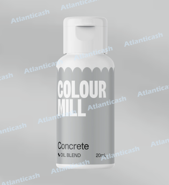 Corante Colour Mill Oil Blend Concrete 20ml Frasco pequeno branco com rótulo cinzento e texto COLOUR MILL Concrete OIL BLEND 20mL