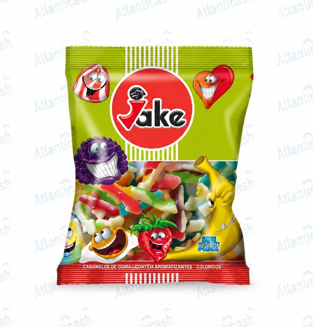 Jake - Gomas Tubarões Kg. Pacote de caramelos de goma Jake com ilustrações de frutas sorridentes.