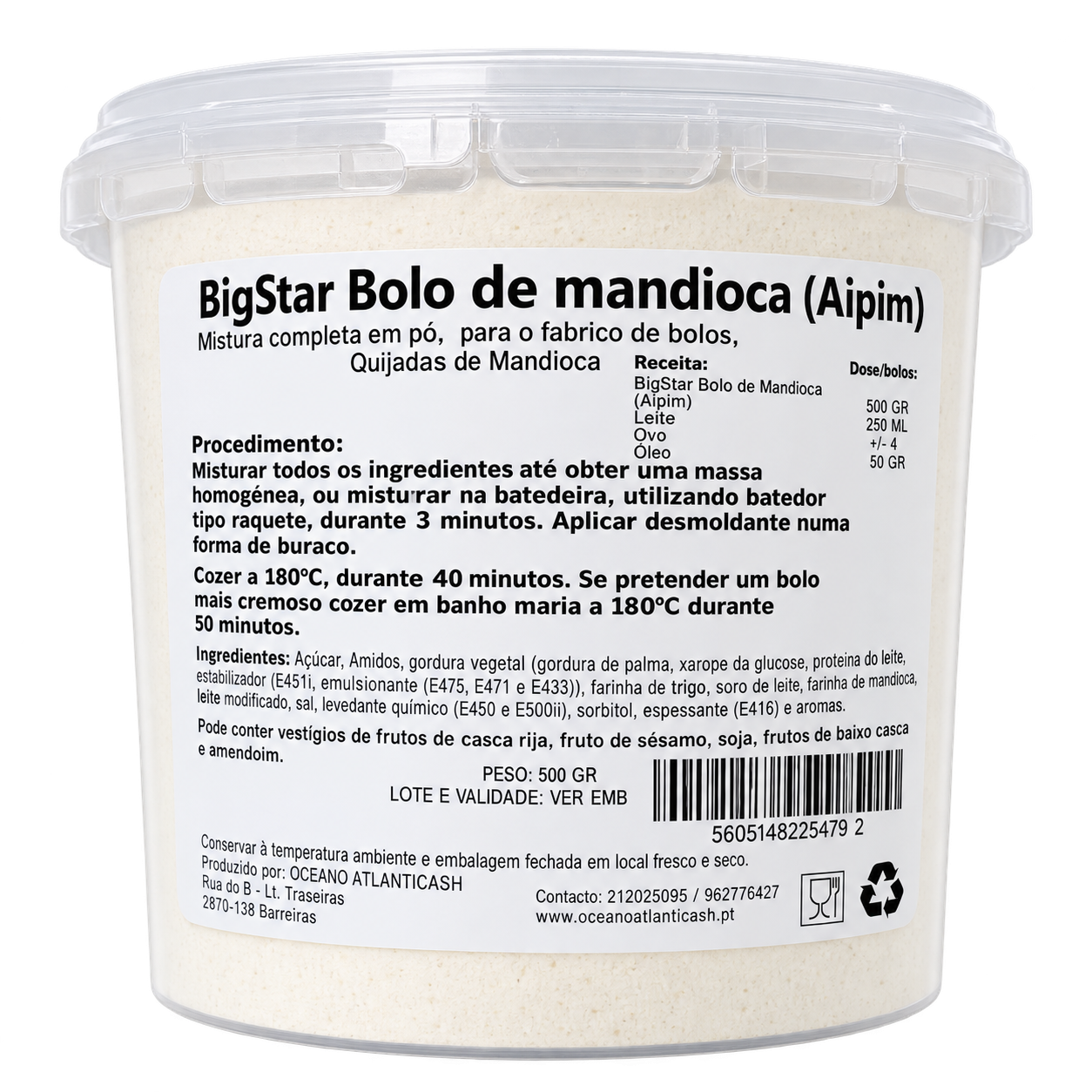 BigStar – Preparado em Pó para Bolo de Mandioca (Aipim) – 500 g Mistura em pó para Bolo de mandioca BigStar num recipiente plástico transparente com tampa