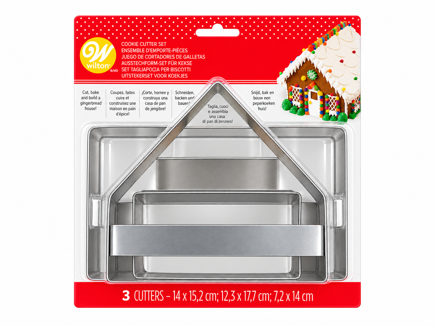 Conjunto de Cortadores Casa de Gengibre Wilton – 3 Peç Conjunto de cortadores metálicos para bolachas em formas de casa numa embalagem vermelha e branca