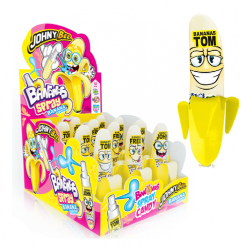 Sprays para doces em formato de banana com personagens animados em expositor amarelo.