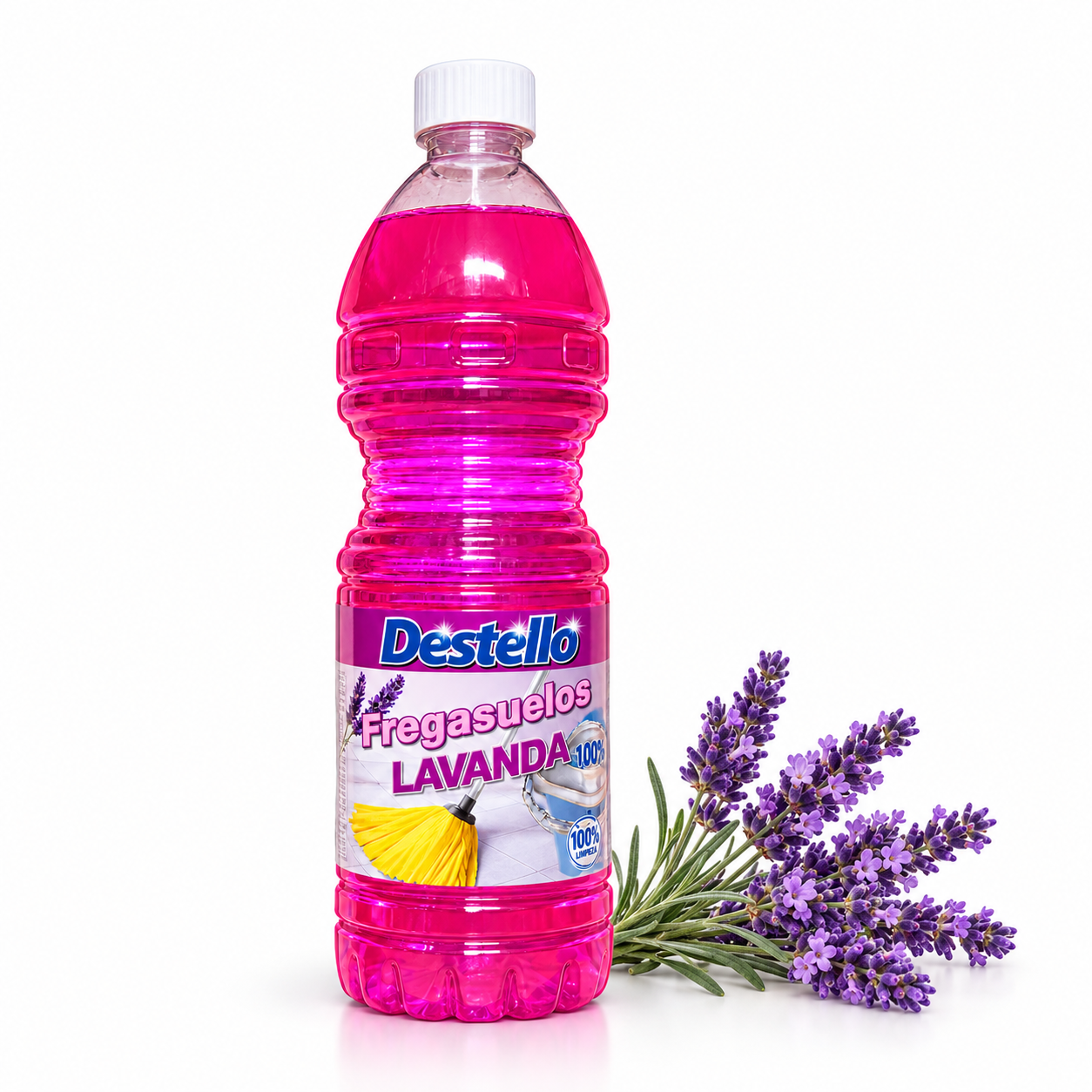 Destello Lava-Chão Perfumado Lavanda – 1,5 Litros Frasco plástico com detergente rosa Destello Fregasuelos Lavanda e ramo de lavanda