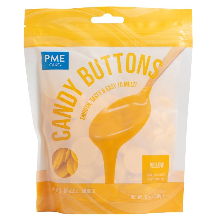 Candy Buttons PME – Amarelo – 340 g Pacote amarelo e branco de botões de doce amarelos com texto impresso