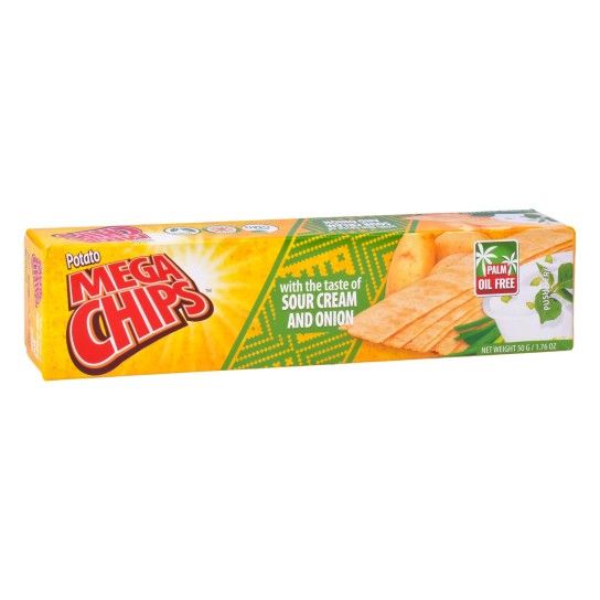 Mega Chips Creme e Cebola 50gr (Pack 6 unid.) Embalagem retangular de batatas fritas MEGA CHIPS sabor sour cream and onion