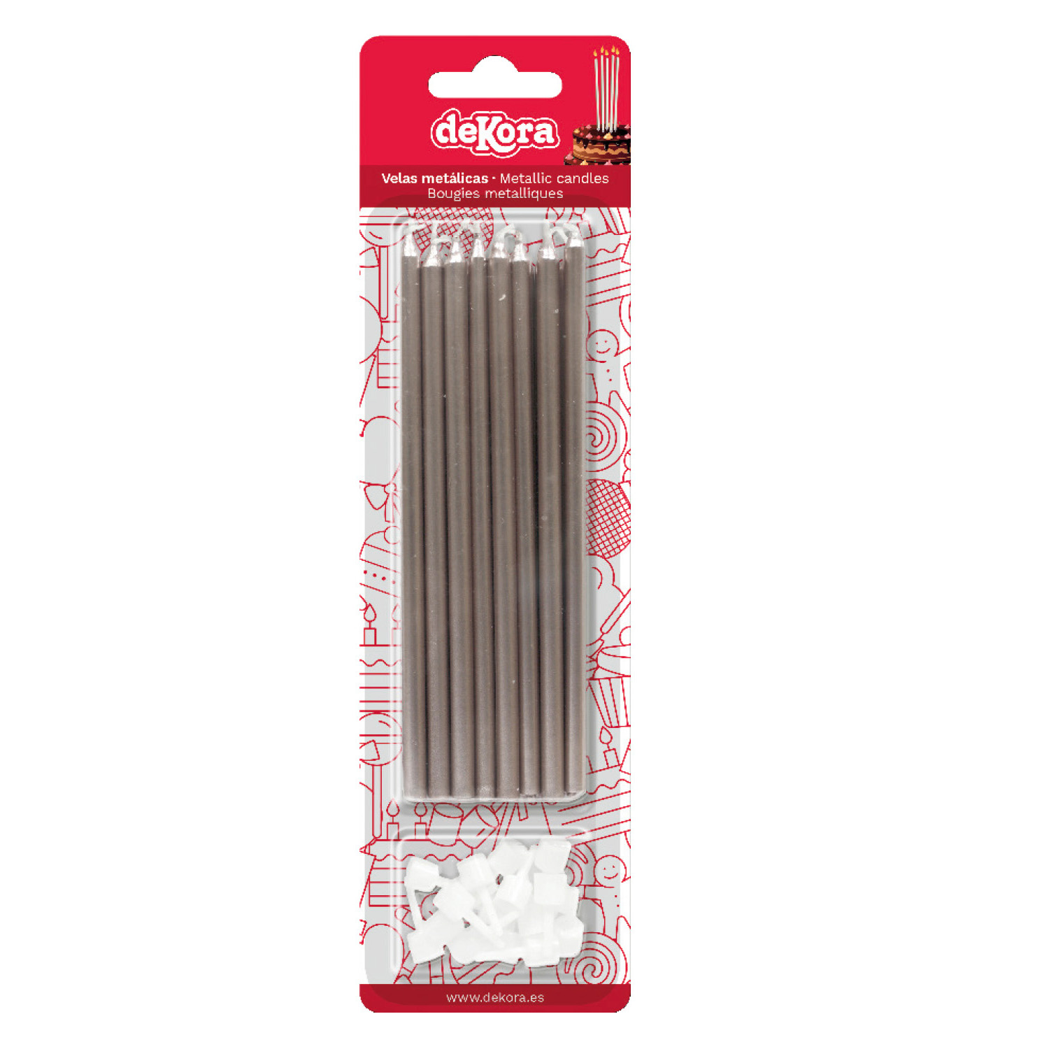 Pack de velas metálicas douradas de decoração de bolo com porta-velas brancos