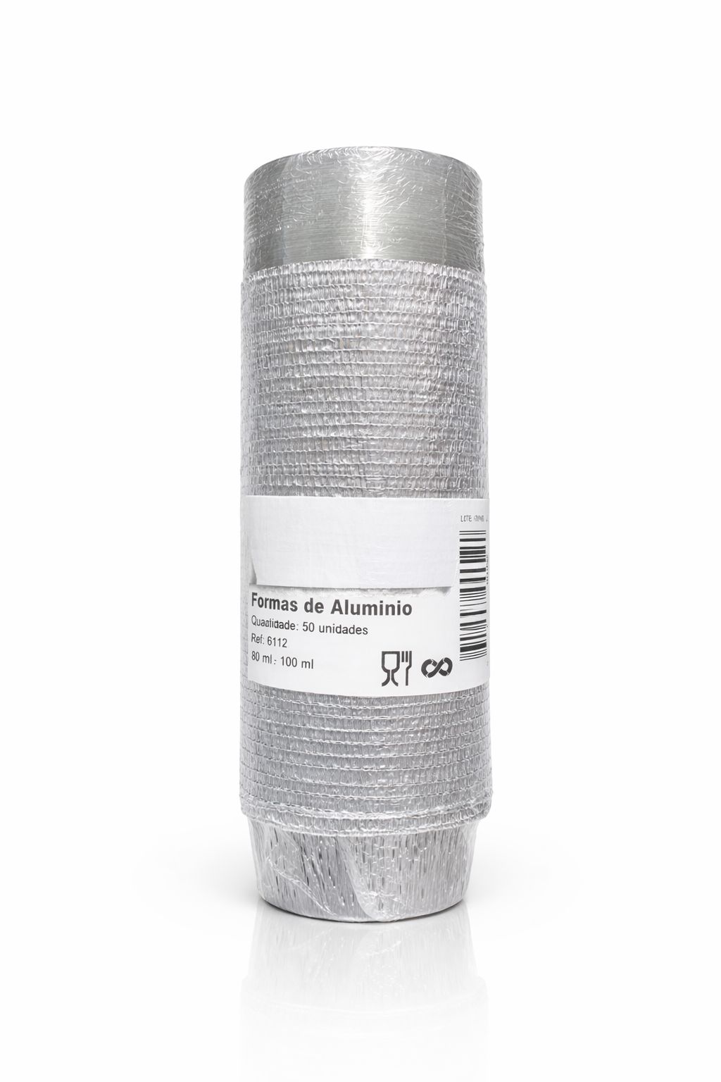 Formas de Alumínio Redondas com Tampa – 80/100 ml (Pack 50 Unidades) Rolo de formas de alumínio prateadas embaladas com etiqueta