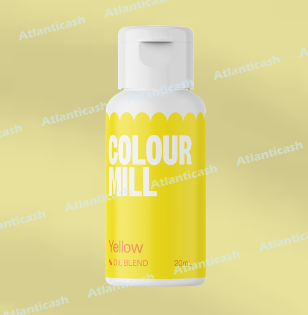 Corante Colour Mill Oil Blend Yellow 20ml Frasco branco com tampa e rótulo amarelo Color Mill Yellow Oil Blend 20ml