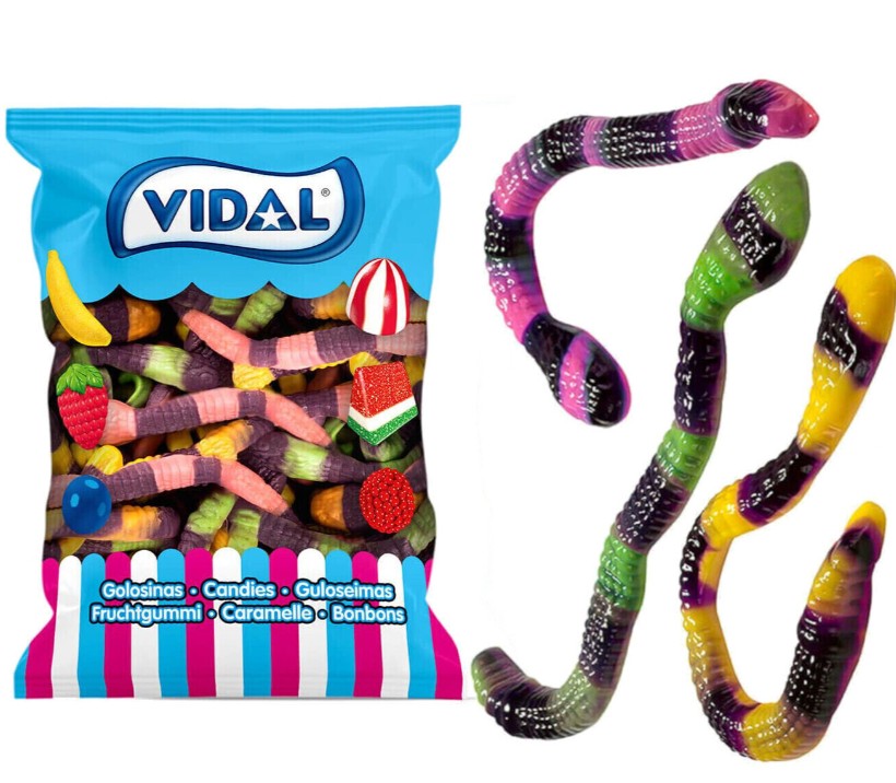 Vidal Anacondas de Goma Multicoloridas – 1 Kg Pacote azul VIDAL de gomas em forma de minhocas coloridas e três minhocas ao lado