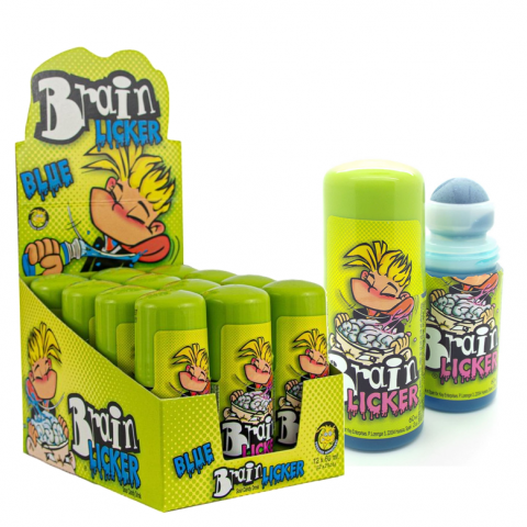 Expositor verde com frascos do produto Brain Licker Blue e personagem de banda desenhada