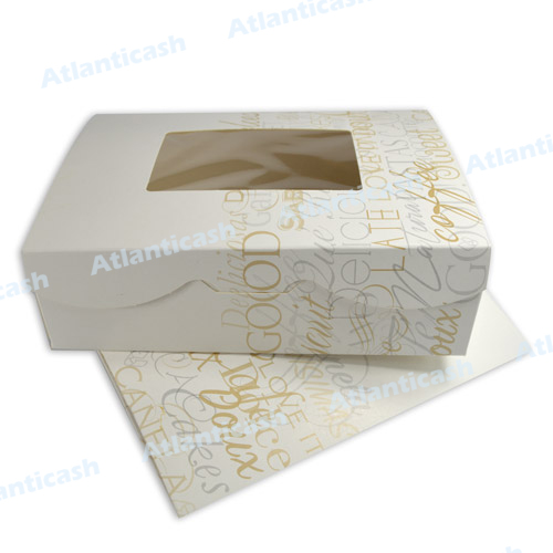 Caixa de Bolos ref. 1 1/2 (220 x 163 x 63) - ( Pack 10 / Pack100 ) Caixa branca com janela transparente e texto dourado em diferentes estilos