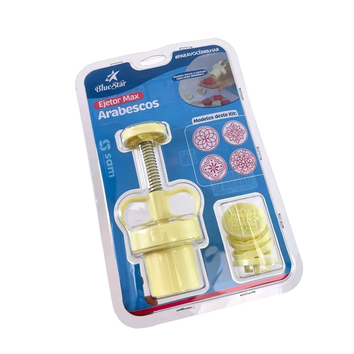 Ejetor Max Arabescos da Blue Star em embalagem com ejetor amarelo e moldes decorativos.