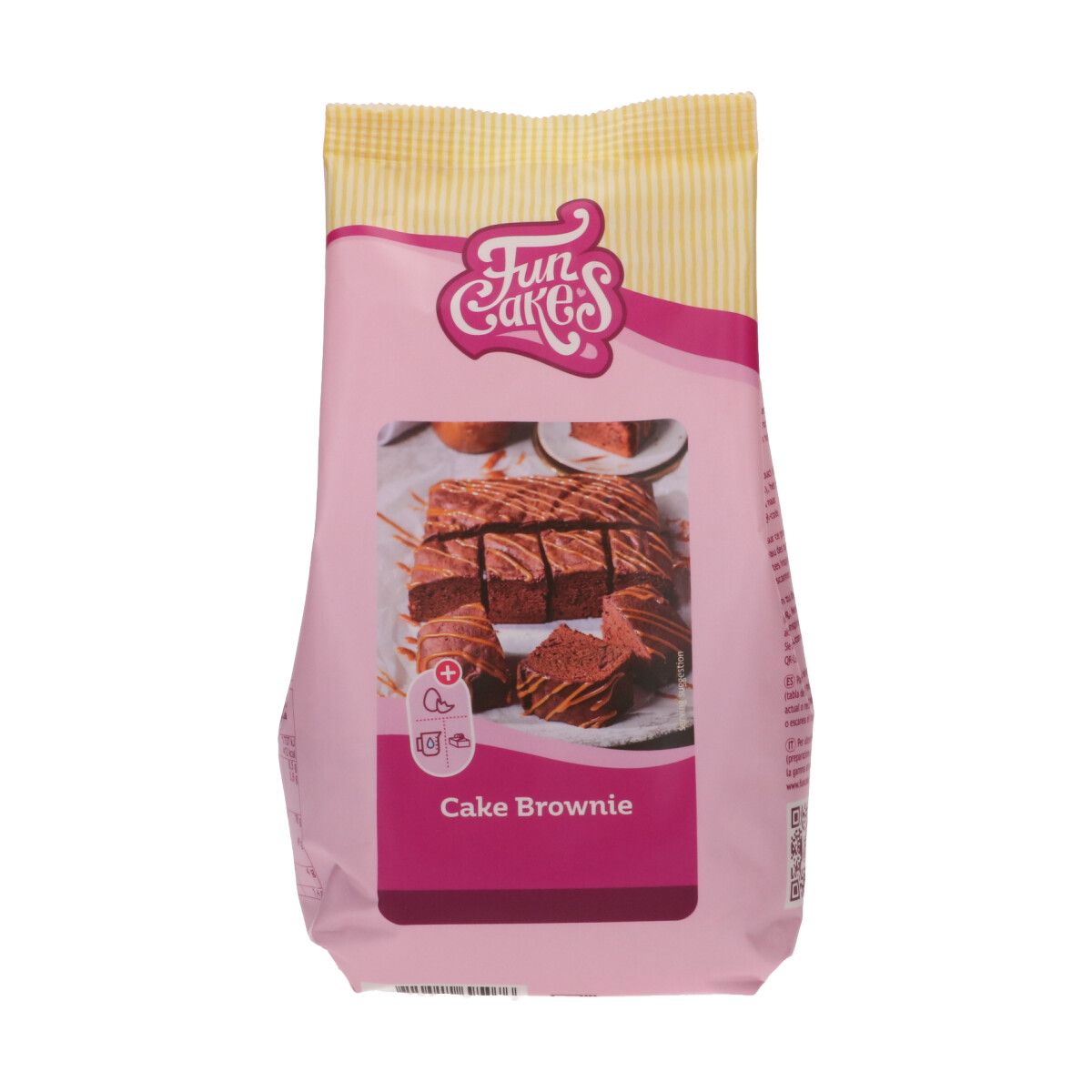 Embalagem cor-de-rosa e amarela de Fun Cakes Cake Brownie com imagem de brownies