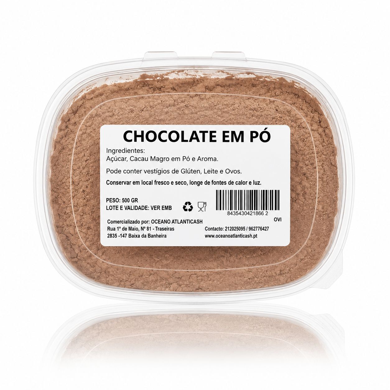 Chocolate em Pó (500gr/5 Kg) Embalagem de plástico com chocolate em pó e etiqueta branca com texto