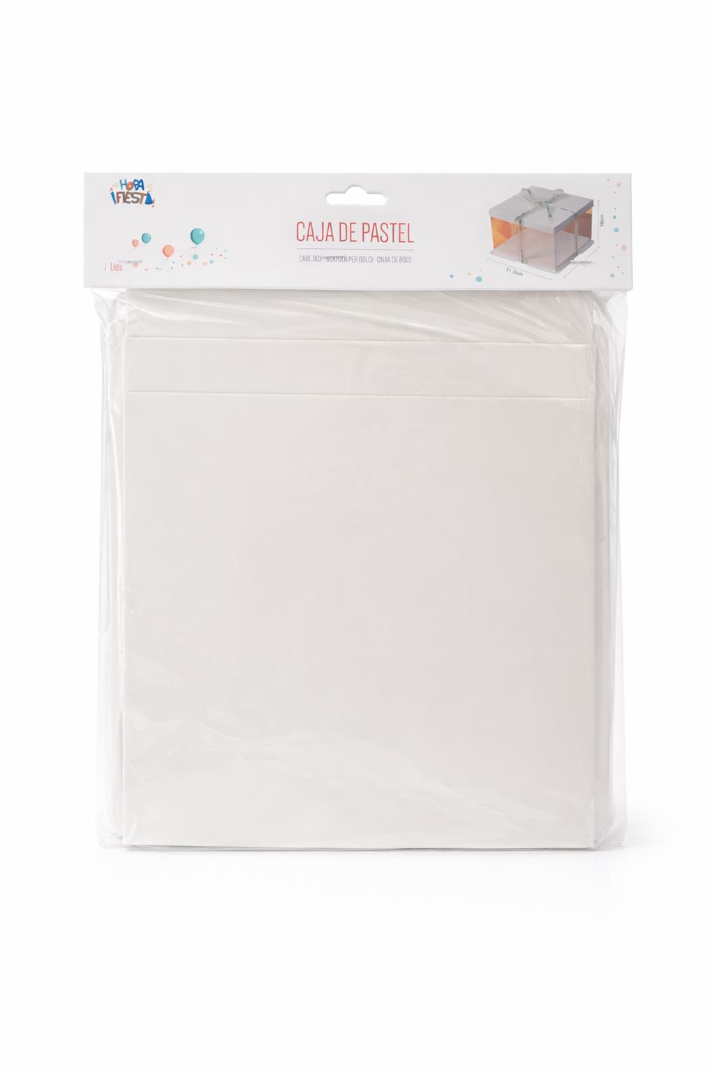 Caixa Transparente para Bolo com Laço – 21,5 x 21,5 x 16 cm - und Caixa de pastel branca para bolos embalada em plástico transparente com cabeçalho branco com texto e imagem ilustrativa
