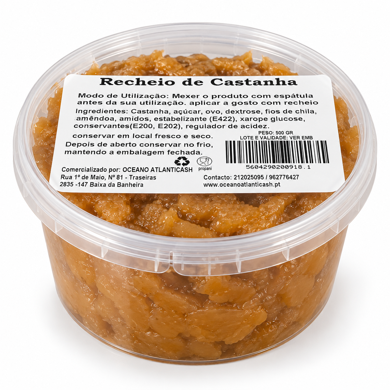 Recheio de Castanha ( 500 GR / 6 KG ) Embalagem de plástico transparente com recheio de castanha e etiqueta branca com texto preto