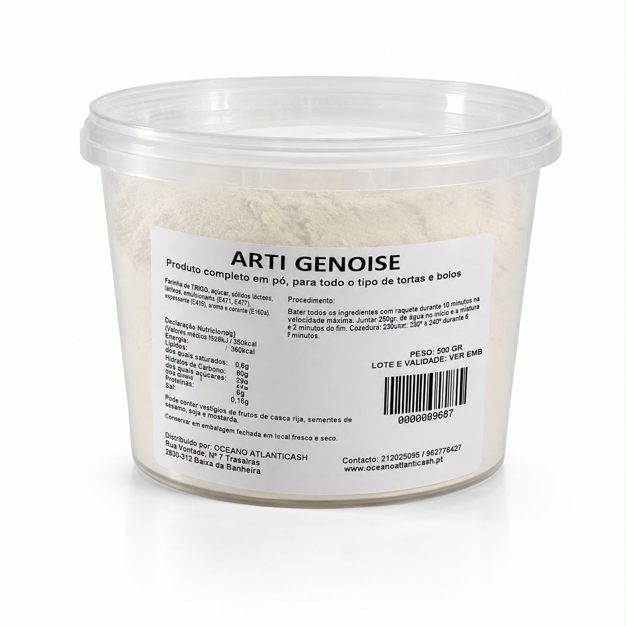 ARTI GENOISE – Preparado Completo em Pó para Pão de Ló e Bolos | 500 g Embalagem plástica transparente com pó branco e etiqueta com texto em português