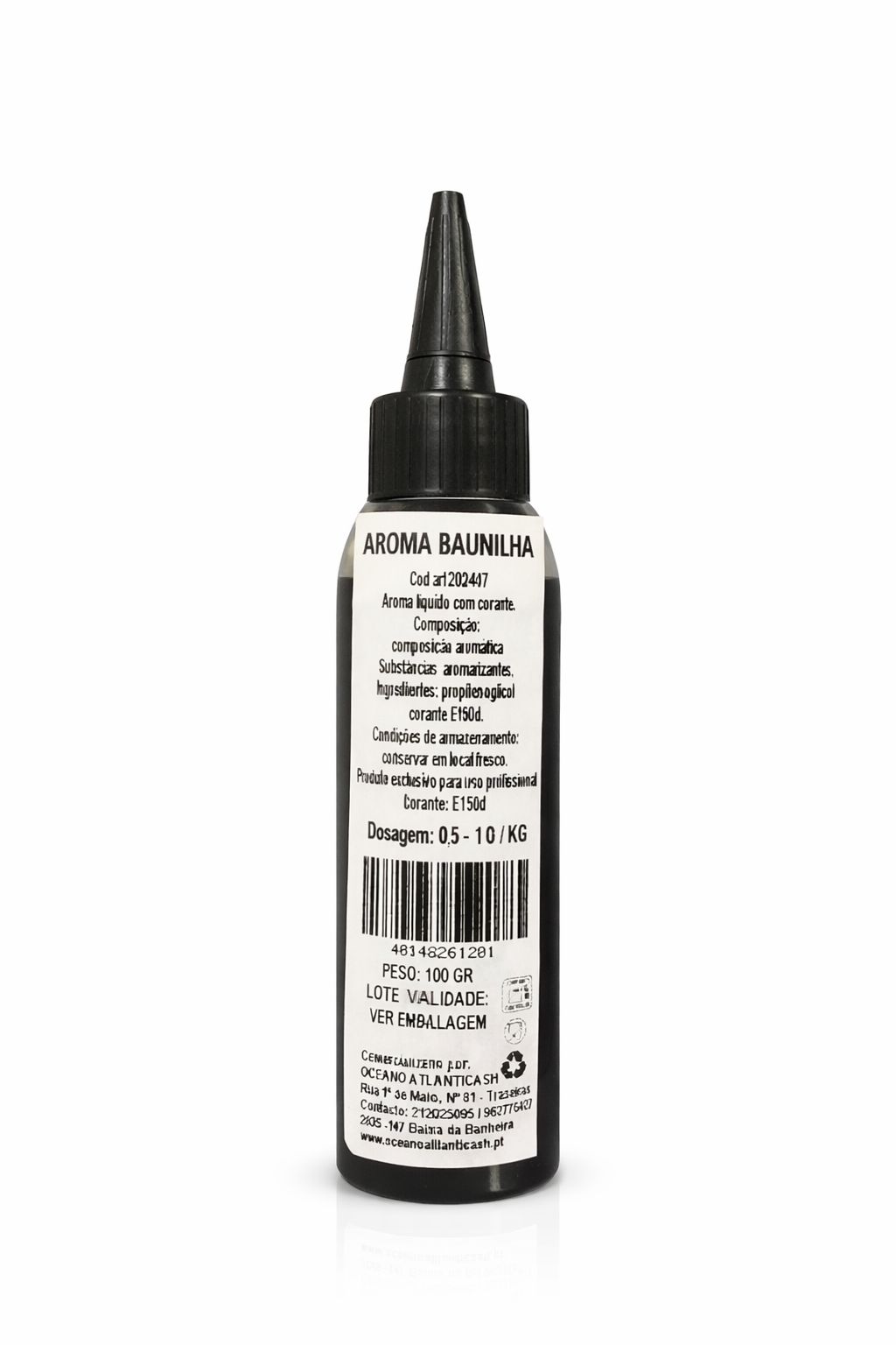 Aroma Baunilha ( 100gr/ 250gr) Frasco preto de plástico com aroba baunilha e rótulo branco com texto em português