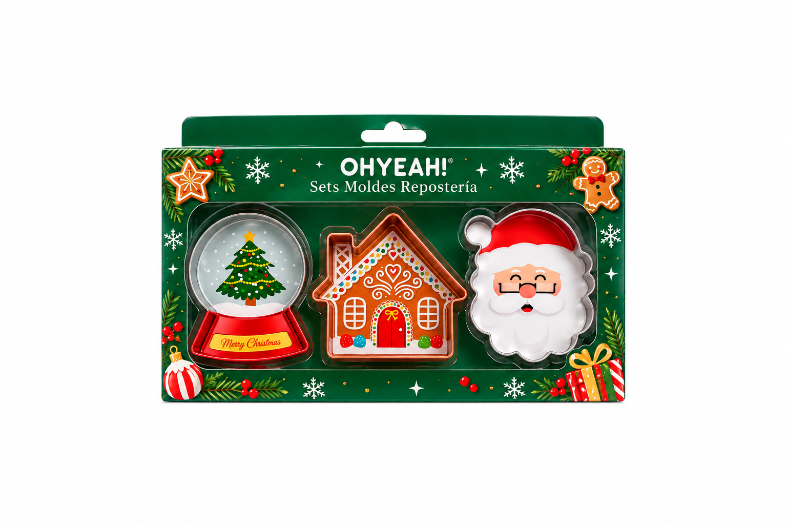 Conjunto de Moldes de Natal – Globo de Neve, Casa de Gengibre e Pai Natal – 3 Peças Conjunto de moldes de Natal OHYEAH! com bola de neve, casa de gengibre e Papai Noel