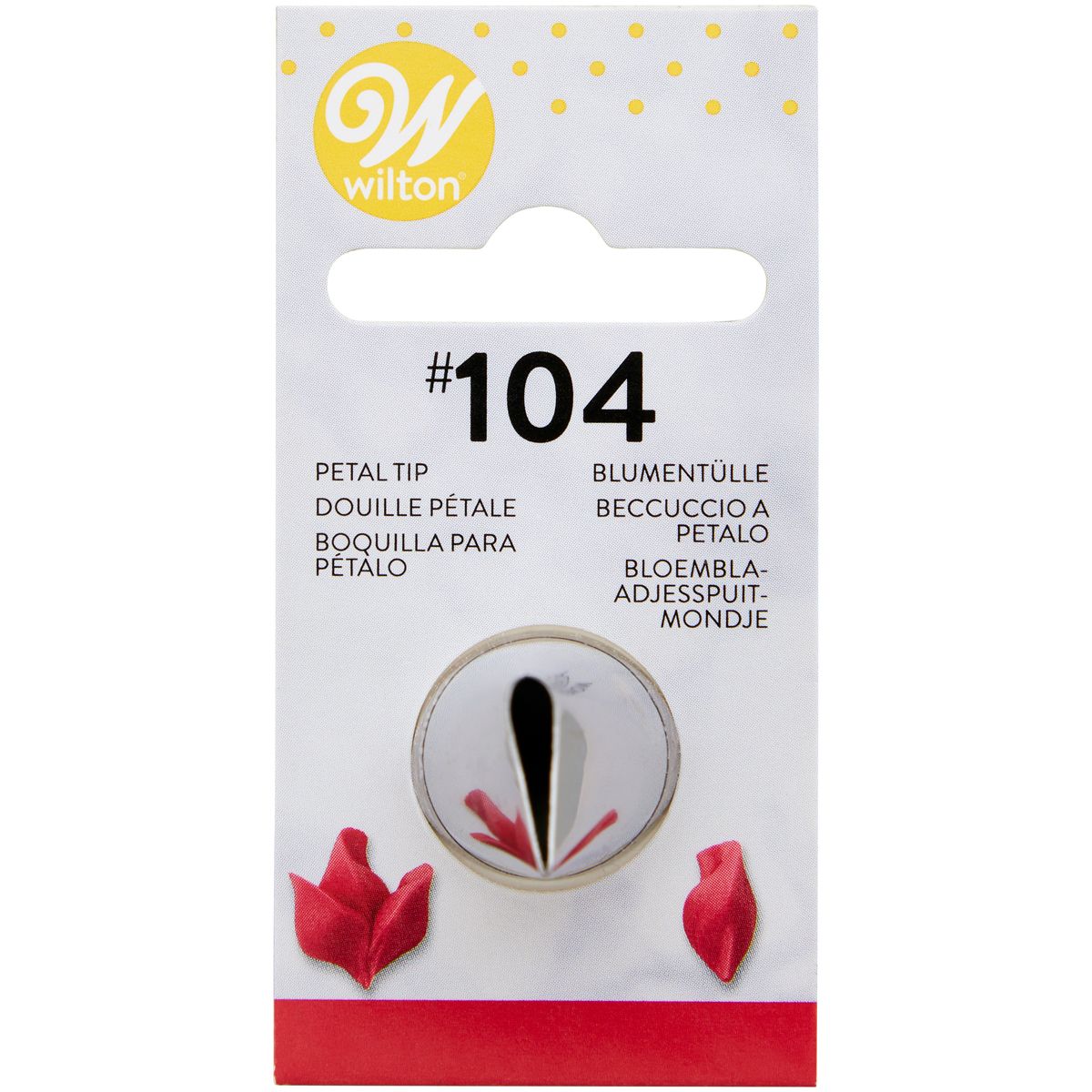 Bocal metal Wilton #104 para decoração com design de pétala em embalagem branca e vermelha