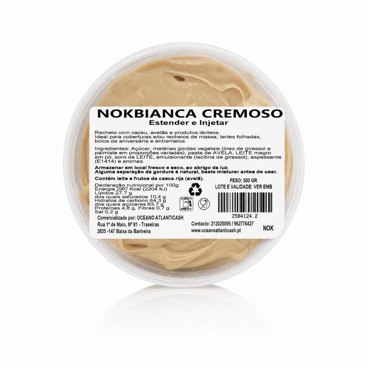 Nokbianca Cremoso – Recheio Premium de Avelã e Cacau - Atlanticash Pote plástico transparente com creme castanho claro e rótulo branco NOKBIANCA CREMOSO